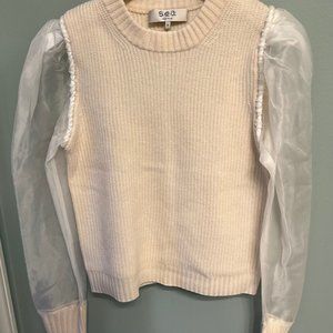 Sea NY Ivory Sweater with Sheer Silk Sleeves